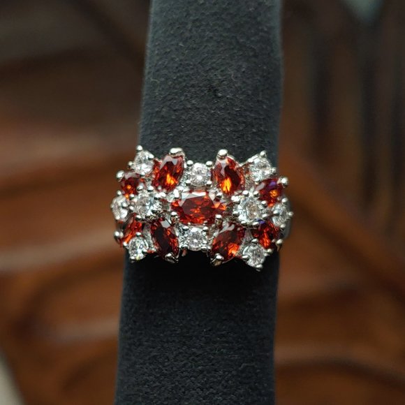 Garnet & White Sapphire Flowers Cocktail Ring - Picture 8 of 16